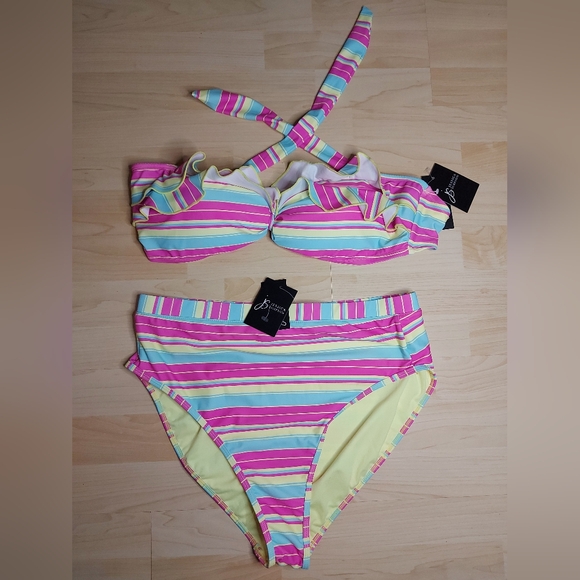 NWT Jessica Simpson Striped Ruffle Bikini Set - Picture 7 of 8